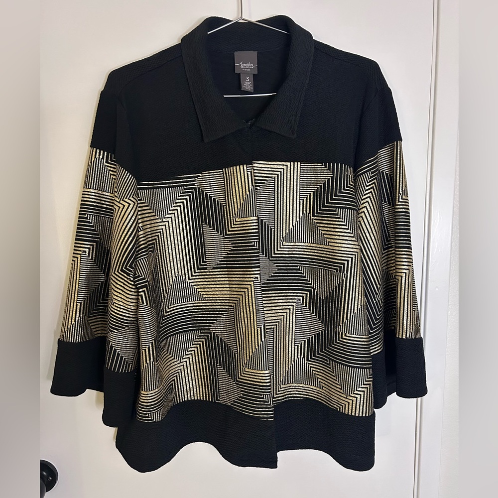 Chico's Travelers Size 3 Open Blazer Jacket Sheen Gold Black Stretch Textured